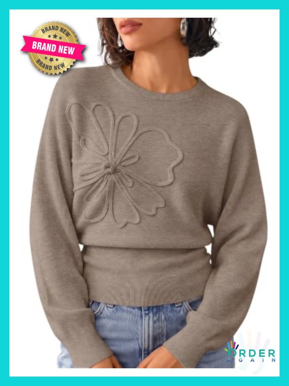 Long Sleeve Floral Ruched Sweater Women Crew Neck Batwing Lightweight